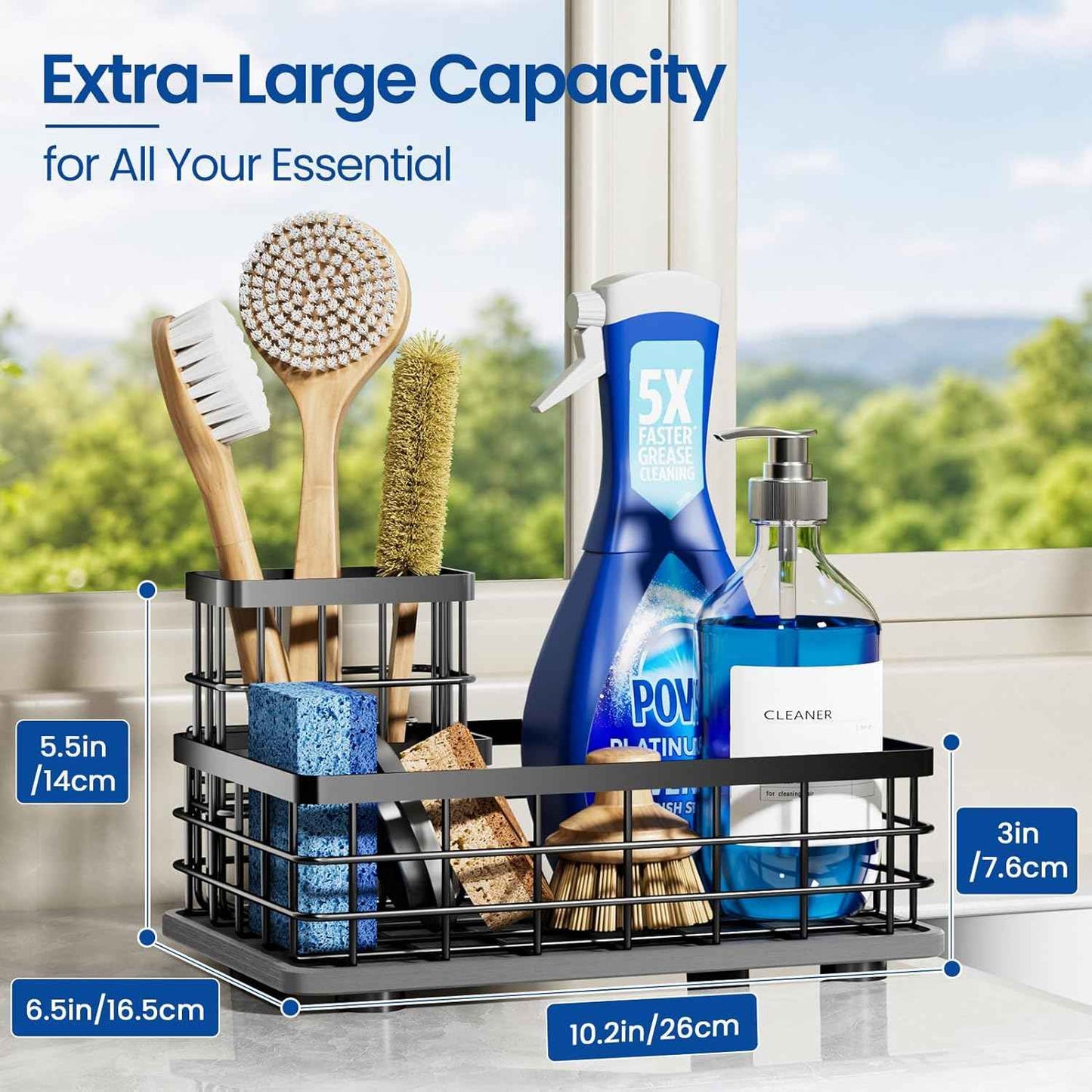 Extra Large Kitchen Sink Caddy Organizer, Stainless Steel Sponge Holder for Kitchen Sink with Brush Holder, Diatomite Stone Sink Tray for Soap Dispenser, Sponge, Kitchen Essentials and Gadgets, Black
