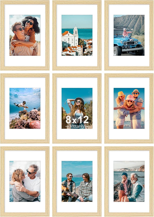 Vittanly 8x12 Picture Frames Set of 9, Shatter Resistant Plexiglass, Display 6x8 Pictures with Mat or 8x12 without Mat, Photo Frames for Wall or Tabletop, Engineered Wood, OAK