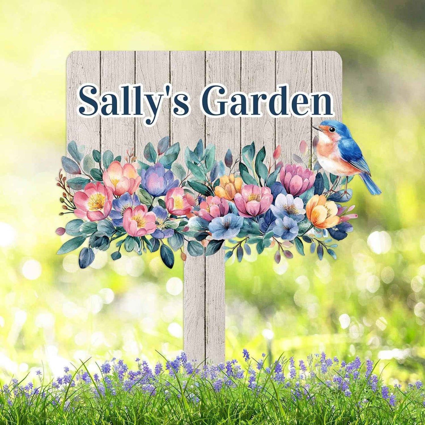 Custom Colorful Flowers Bird Garden Name Sign with Stake, Personalized Bird Flowers Garden Stake Metal Garden Sign, Customized Patio Lawn Garden Outdoor Décor Yard Sign Bird Garden Stake