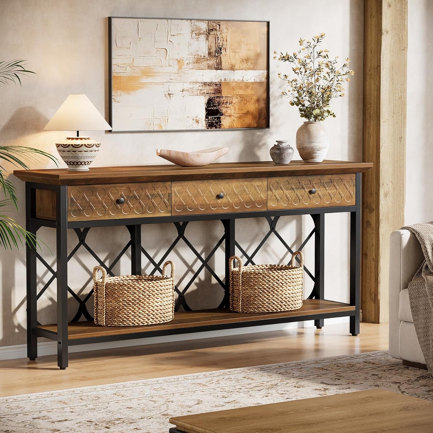 Tribesigns 70.86" Extra Long Console Sofa Table with 3 Drawers, Industrial 2-Tier Narrow Entryway Table Behind The Couch for Living Room, Entryway, Hallway