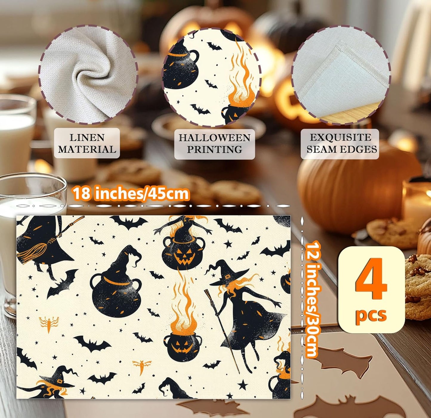 Halloween Spooky Placemats Set of 4, 12x18 Inch Pumpkin Witch Table Mats, Washable Heat Resistant Place Mats for Kitchen Dining Table, Halloween Themed Decoration for Home-B04