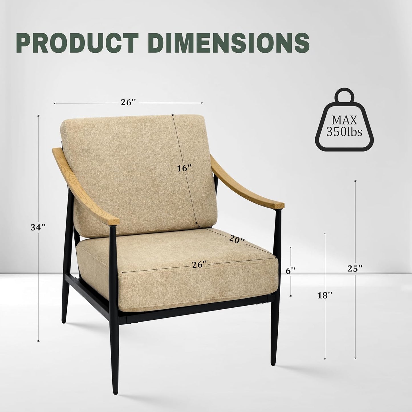 Modern Accent Chairs Set of 2 for Living Room Bedroom Mid Century Arm Chairs Upholstered Office Accent Chairs Comfy Waiting Room Chairs with Metal Frame, Khaki