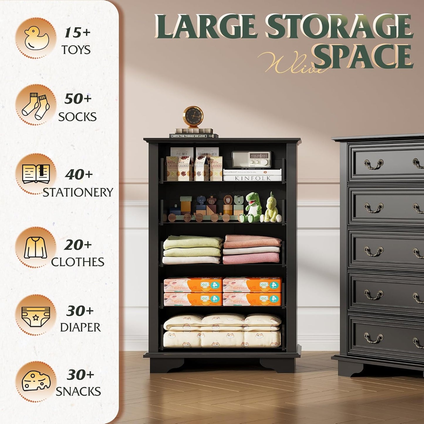 WLIVE Farmhouse Dresser for Bedroom, Tall Wood Dresser with 5 Drawer, Chest of Drawers with Roman Metal Handle for Living Room, Hallway, Closet, Black