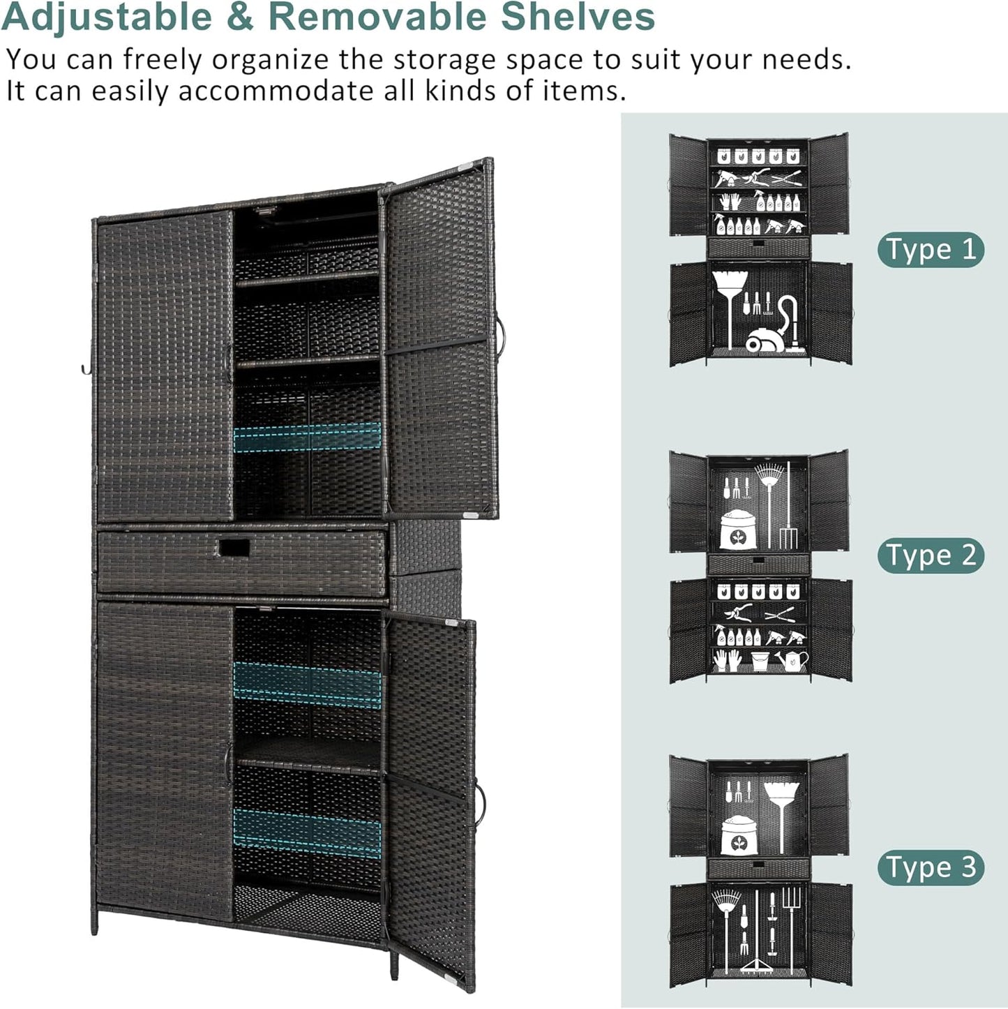 Wicker Outdoor Storage Cabinet - Rattan Pool Towel Storage Cabinet with Adjustable Shelves and Drawer, Brown+Black Tall Patio Cabinets Organizer with Doors for Garden, Backyard, Poolside