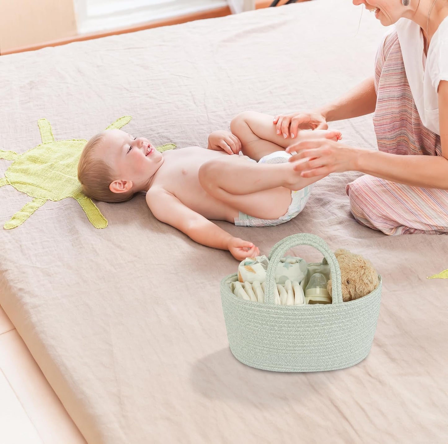 Diaper Caddy Organizer Cotton Rope Baby Basket Nursery Storage and Portable Tote Bag for Car Ideal Baby Shower Gifts and Registry Must-Have for Newborn Essentials light green
