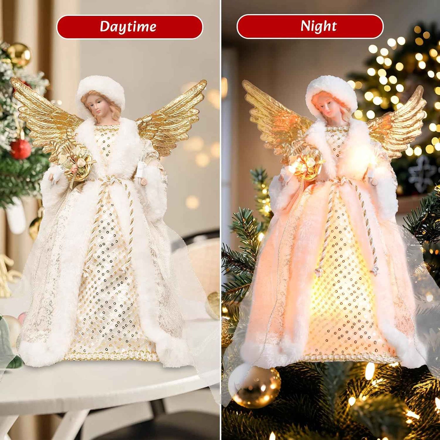 Angel Tree Topper with Lights, 12 Inch Christmas Tree Topper Angel Figurine with Lyre Christmas Tree Angel Treetop for Indoor Home Holiday Party, Champagne Gold