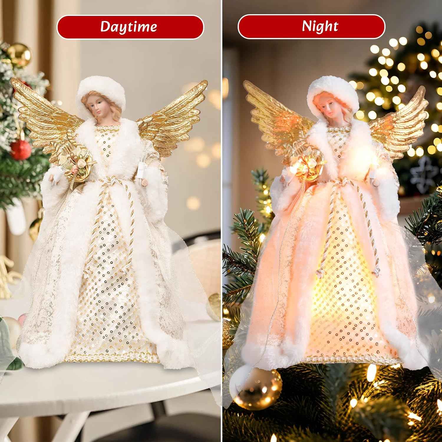 Angel Tree Topper with Lights, 12 Inch Christmas Tree Topper Angel Figurine with Lyre Christmas Tree Angel Treetop for Indoor Home Holiday Party, Champagne Gold