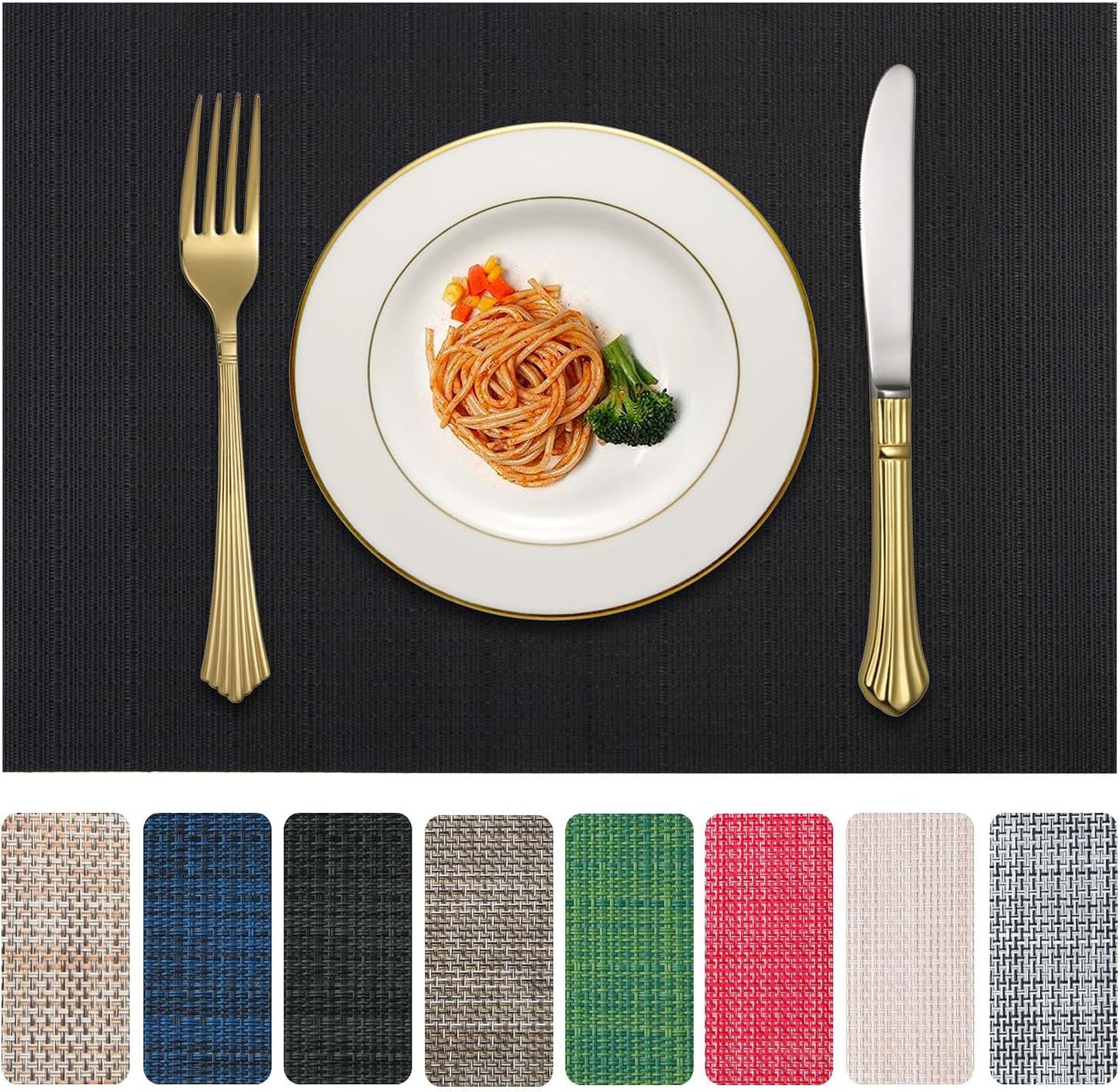 Vinyl Placemats Set of 6, PVC Woven Washable Non-Slip Table Mats, Heat Resistant Wrinkle Free Place Mats for Dining Table, Easy to Clean (6, Black)