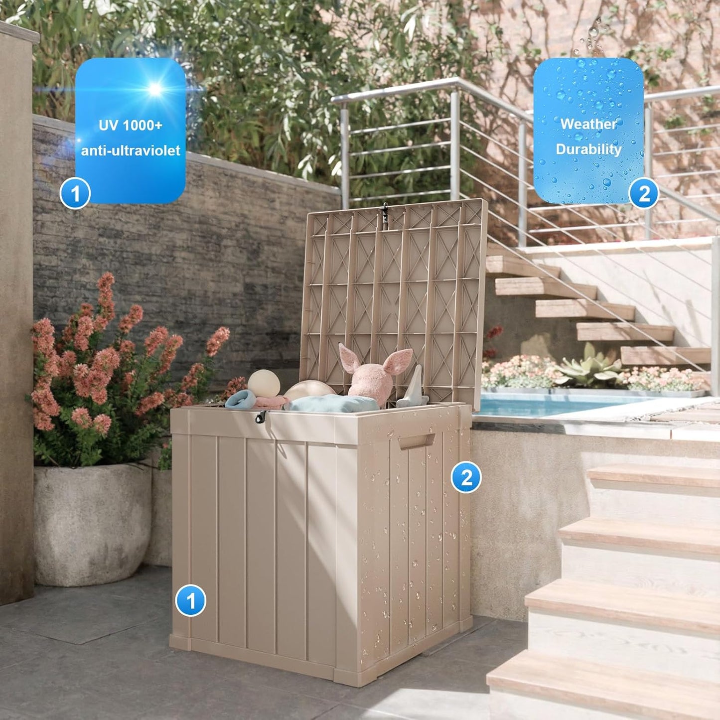 Vixzen 50 Gallon Resin Deck Box, Lockable Outdoor Storage Box for Patio Cushions Storage Furniture,Garden Tools, Pool Supplies, Weatherproof and UV Resistant- Grey