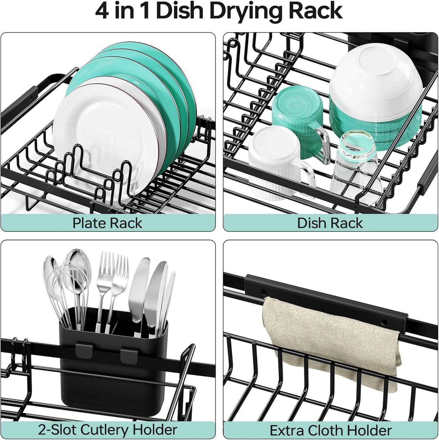 Urackify Dish Drying Rack in Sink - Expandable (14.5''-18''L) Over The Sink Dish Rack with Utensil Holder, Space-Saving Dish Drainer for Kitchen Counter, 1 Piece, Matte Black