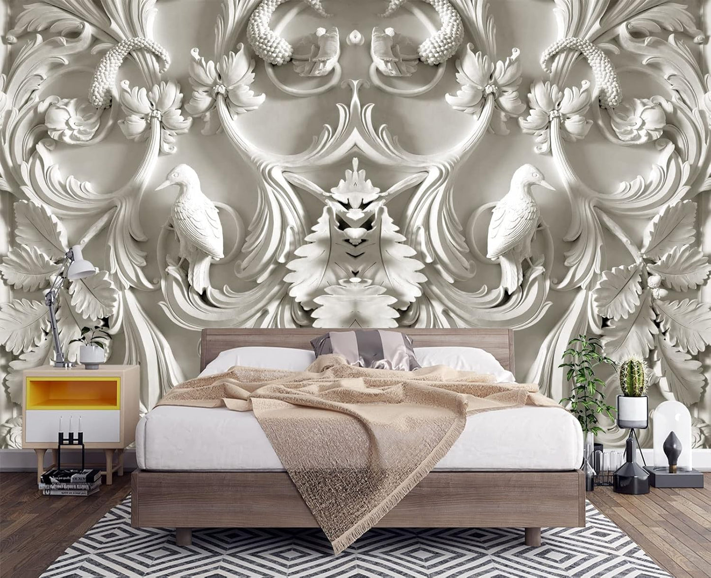 White Gypsum Art Wall Mural Wallpaper for Bedroom 178" x 117"