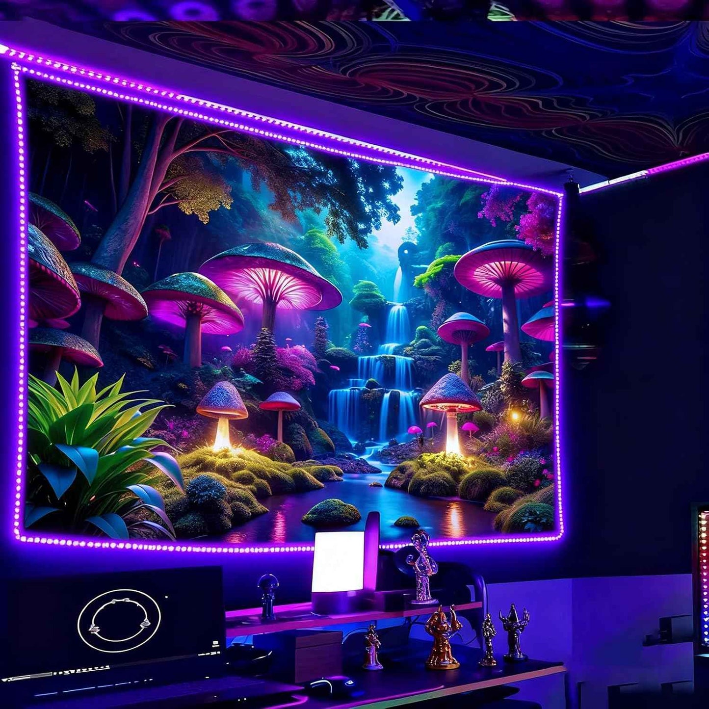 Miytal Blacklight Fantasy Mushroom Waterfall Tapestry – UV Reactive Neon Forest Wall Hanging, Glow in the Dark Nature Art Décor for Bedroom, Living Room - 59.1" x 80"