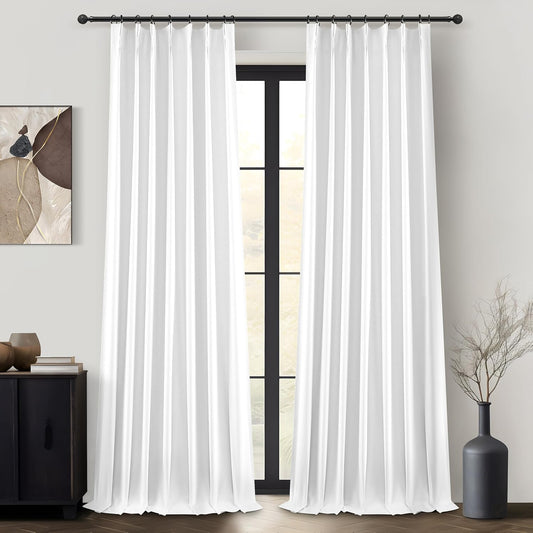 Bright White Full Blackout Natural Linen 100 Inch Curtains Para Sala 2 Panels Set, Memory Shape Pinch Pleated Room Darkening Drapes Insulated Sound Dampening 40 x 100 Inches Curtain for Dining Room