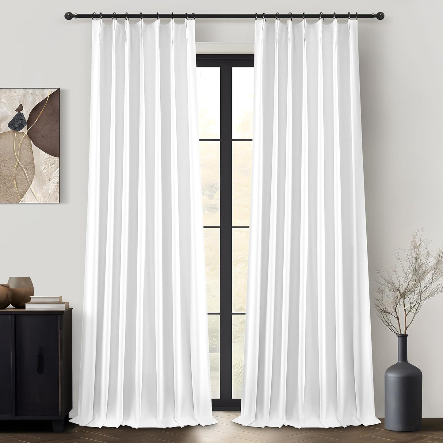 Pinch Pleated Bright White Blackout 95 Inch Curtains 2 Panels Set for Bedroom, Elegant Flax Linen Room Darkening Drapes with Hooks Rings & Ceiling Track 95 Inches Length Window Curtain for Dining Room