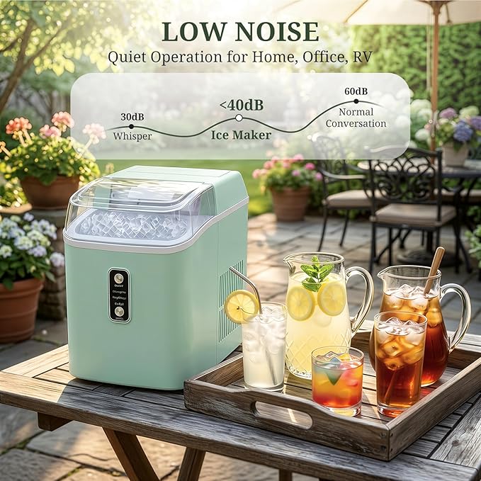 Nugget Ice Maker Countertop, 6-Min Fast Chewable Pellet Ice, 24lbs/24H Portable Ice Machine with Self-Cleaning, Ice Full & Low Water Indicator, Basket & Scoop for Home, Party, RV, Camping (Green)