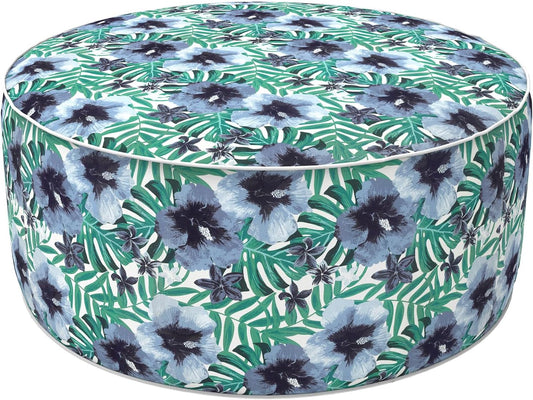 LVTXIII Indoor/Outdoor Inflatable Ottoman, D31 x H14 Inch Large Round Ottoman, All Weather Foot Rest Stool, Portable Footrest for Patio, Garden, Camping and Home - Blue Salmone Tropical