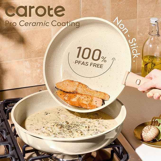 CAROTE 25PCS Ceramic Cookware Set, Pots and Pans set Non Stick, RV Kitchen Cooking Set Removable Handles, Oven Safe, Induction Cookware, Non-toxic Kitchen Cooking Set, PFAS Free, Mothers Day Gifts