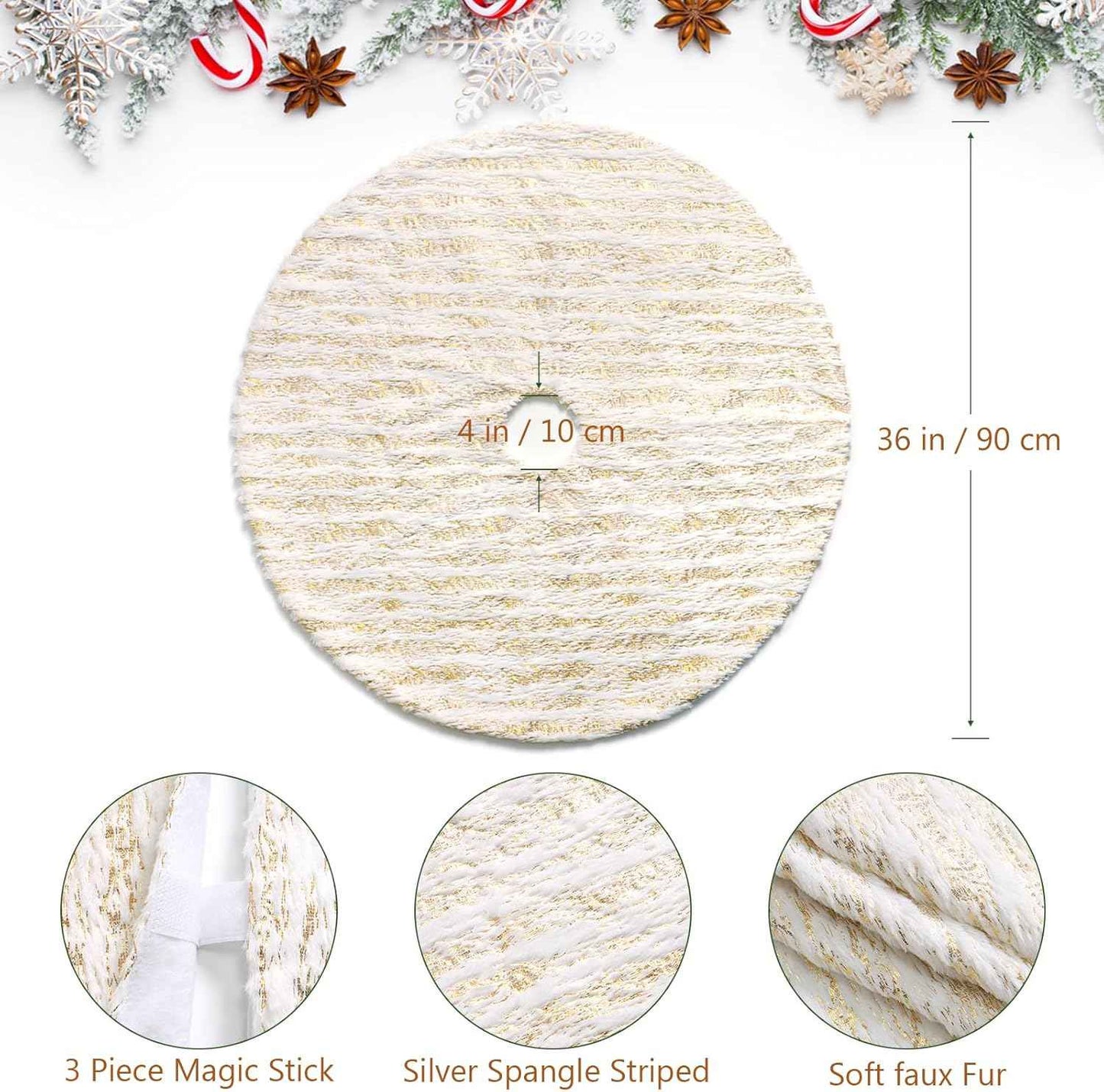 Christmas Tree Skirt, Large White&Gold Bronzing Luxury Faux Fur Tree Skirt Soft Thick Plush Xmas Tree Skirt for Family Holiday Christmas Party Tree Decorations(Gold,36inch/90cm)