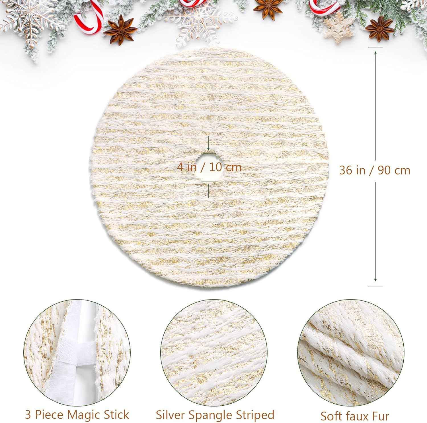 Christmas Tree Skirt, Large White&Gold Bronzing Luxury Faux Fur Tree Skirt Soft Thick Plush Xmas Tree Skirt for Family Holiday Christmas Party Tree Decorations(Gold,36inch/90cm)