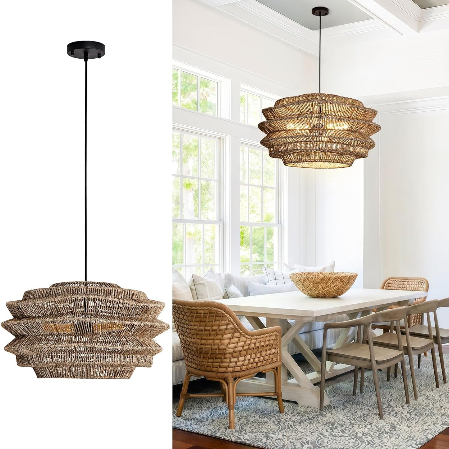 19.7" Rattan Pendant Light,3-Light Hand-Woven Rustic Wicker Hanging Light Seagrass Ceiling Chandelier,Water Plants Rattan Chandelier for Dining Living Bedroom Kitchen Farmhouse