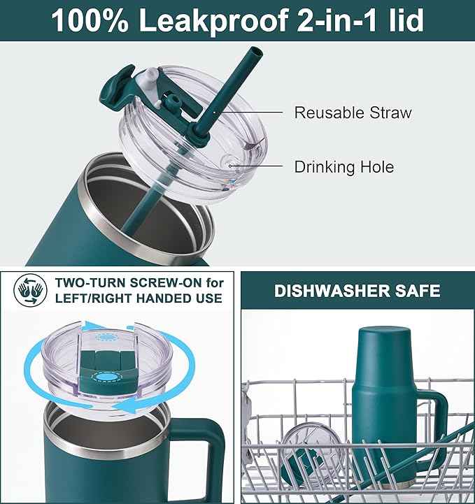 SUNWILL Travel Coffee Mug with Lid, 30 oz Tumbler with Handle and Straw Leak Proof, Stainless Steel Cup Insulated for Office & Camping, Cupholder Friendly, Powder Coated Deep Teal
