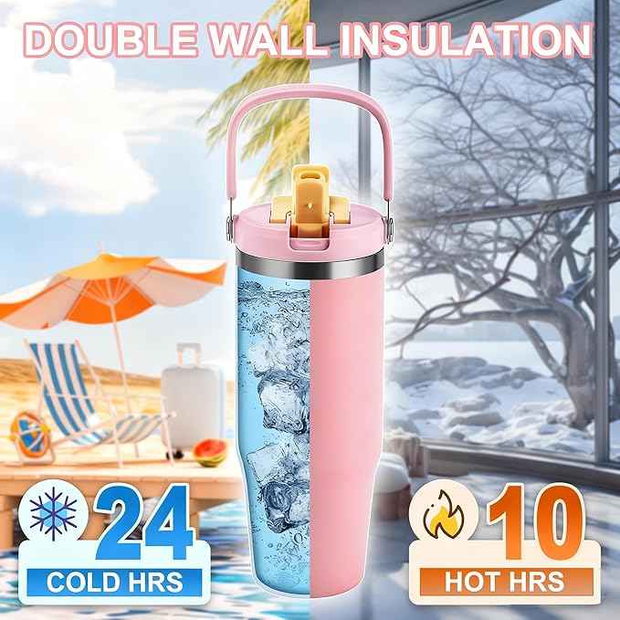 32 oz Tumbler with Handle and Flip Straw,Keep Cold or Hot,Fits in Cup Holder,Reusable Leak Proof Stainless Steel Vacuum Water Bottle,Suitable for Home Gym Trave, Easy to Carry (Cyan Blue)