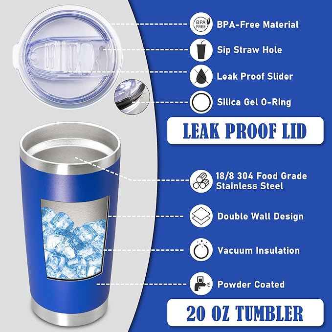 20 oz Tumbler Coffee Travel Tumblers Bulk with Lid Stainless Steel Double Wall Vacuum Insulated Mug Powder Coated Cups fit Car Cupholder for Hot and Cold - Dark Blue, 8Pack