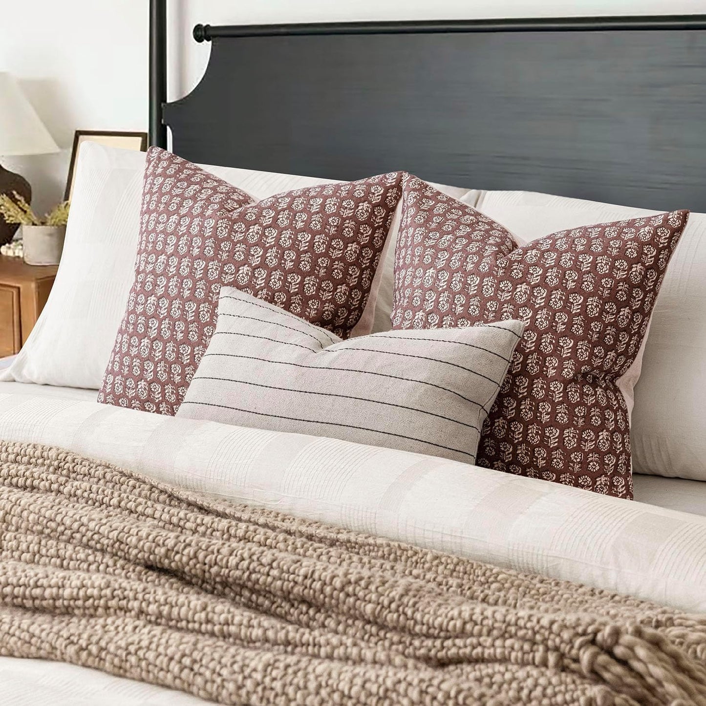 Foindtower Set of 2 Decorative Vintage Floral Print Throw Pillow Covers Neutral Modern Farmhouse Cushion Covers Boho Home Decor for Sofa Couch Chair Bedroom Living Room Outdoor,22×22 Inch,Wine Red