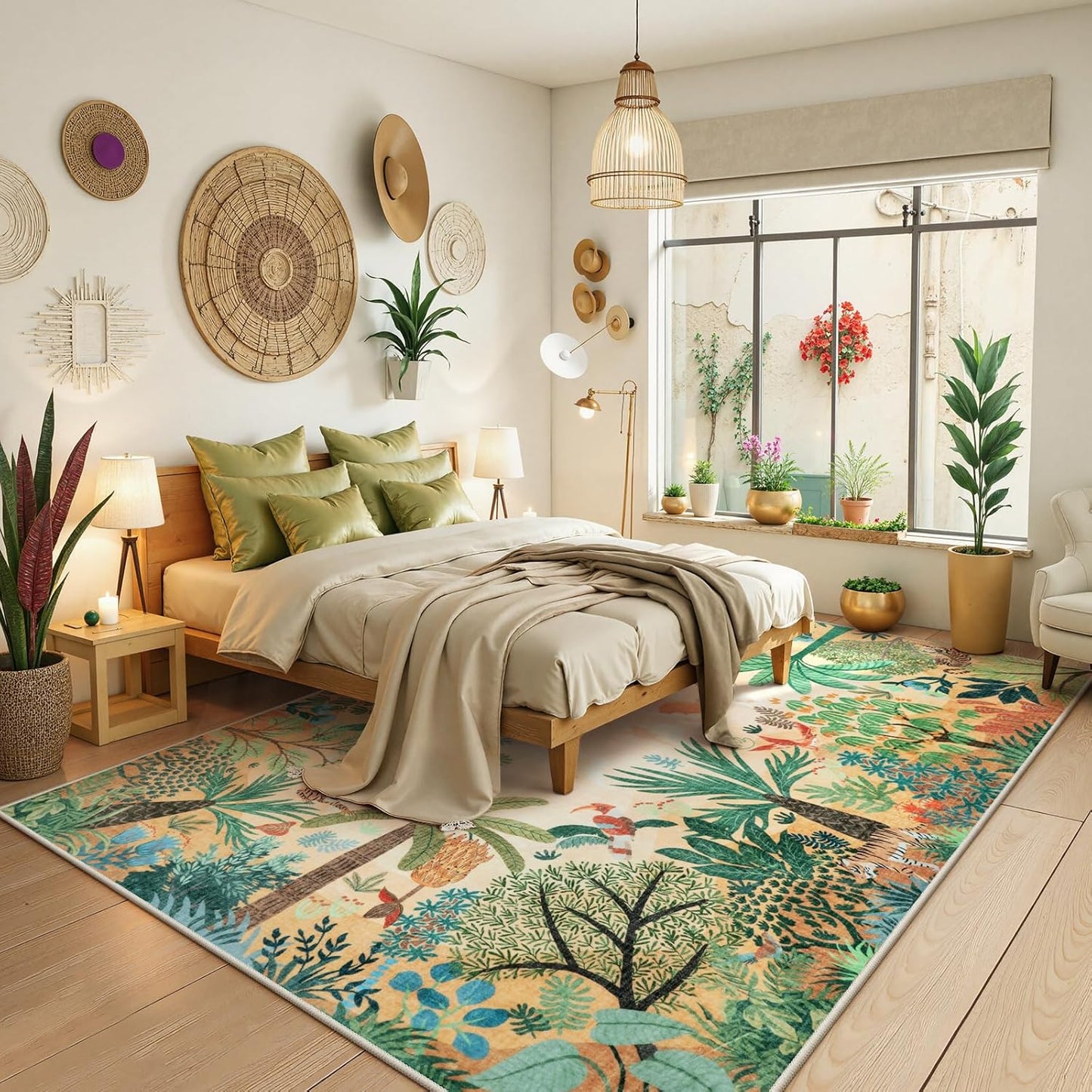 LIVEBOX Large 9x12 Forest Area Rug for Living Room, Soft Washable Sun Yellow Rugs for Bedroom, Non Slip Ultra Thin Floor Carpet Jungle Animal Print Rugs for Dining Room