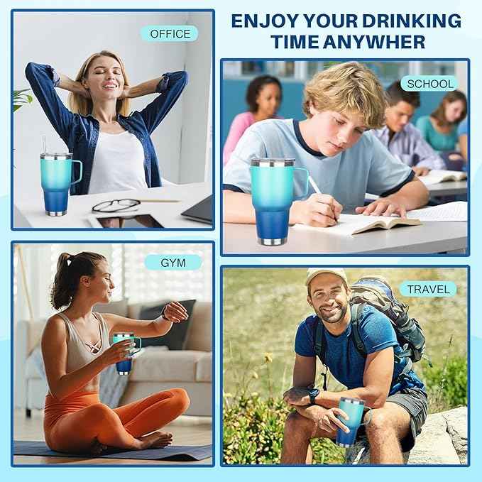 30 oz Stainless Steel Tumbler with Handle, Double Wall Vacuum Insulated Coffee Mug with Lid and Straw, Thermal Cup for Cold and Hot (Light Dark Blue)