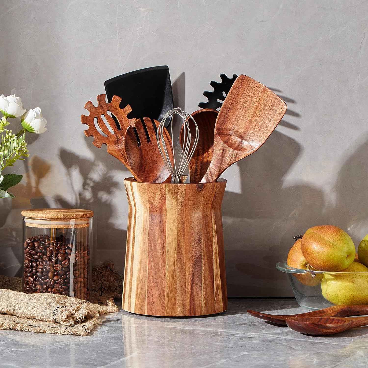 Wooden Utensil Holder for Countertop, 360° Rotating Kitchen Utensil Holder, 7.2"x 6" Large Acacia Wood Crock, Farmhouse Kitchen Decor