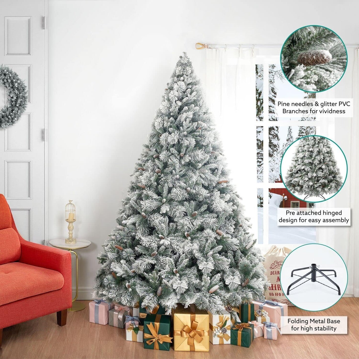 Glasgow 6.5ft Frosted Prelit Artificial Christmas Tree with Pine Cones, Foot Pedal, 1040 Branch Tips, 650 Warm Lights & Metal Stand, 56" Wide Realistic Snow Flocked Pine Christmas Tree with Lights