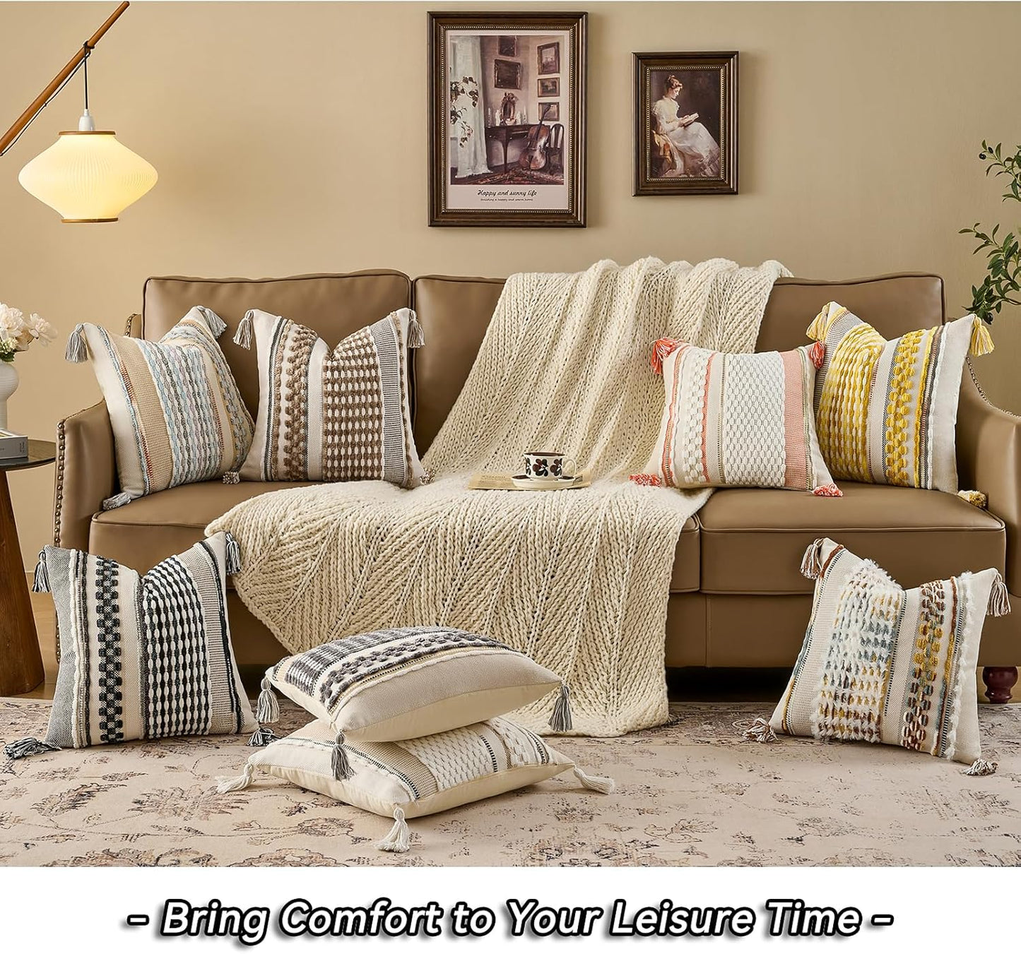 AmHoo Chenille Striped Textured Boho Throw Pillow Covers Aesthetic with Tassels Woven Decorative Pillow Case for Couch Bed Sofa Bedroom Modern Funky 18 x 18-Inch Black Multicolor