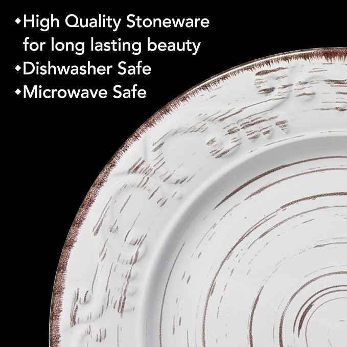 Pfaltzgraff Trellis White 16-Piece Stoneware Dinnerware Set, Service for 4, Distressed White Finish, Microwave & Dishwasher Safe Plates and Bowls