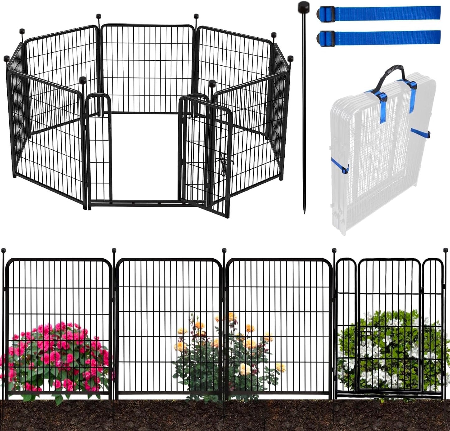 ADAVIN Tall Garden Fences and Borders for Dogs, Low Threshold Door, 48 in(H) 8 Panels Total 17.7 Ft(L) Dog Fences for The Yard, Modular Fencing, Garden Fence with Gate, Pet Fence
