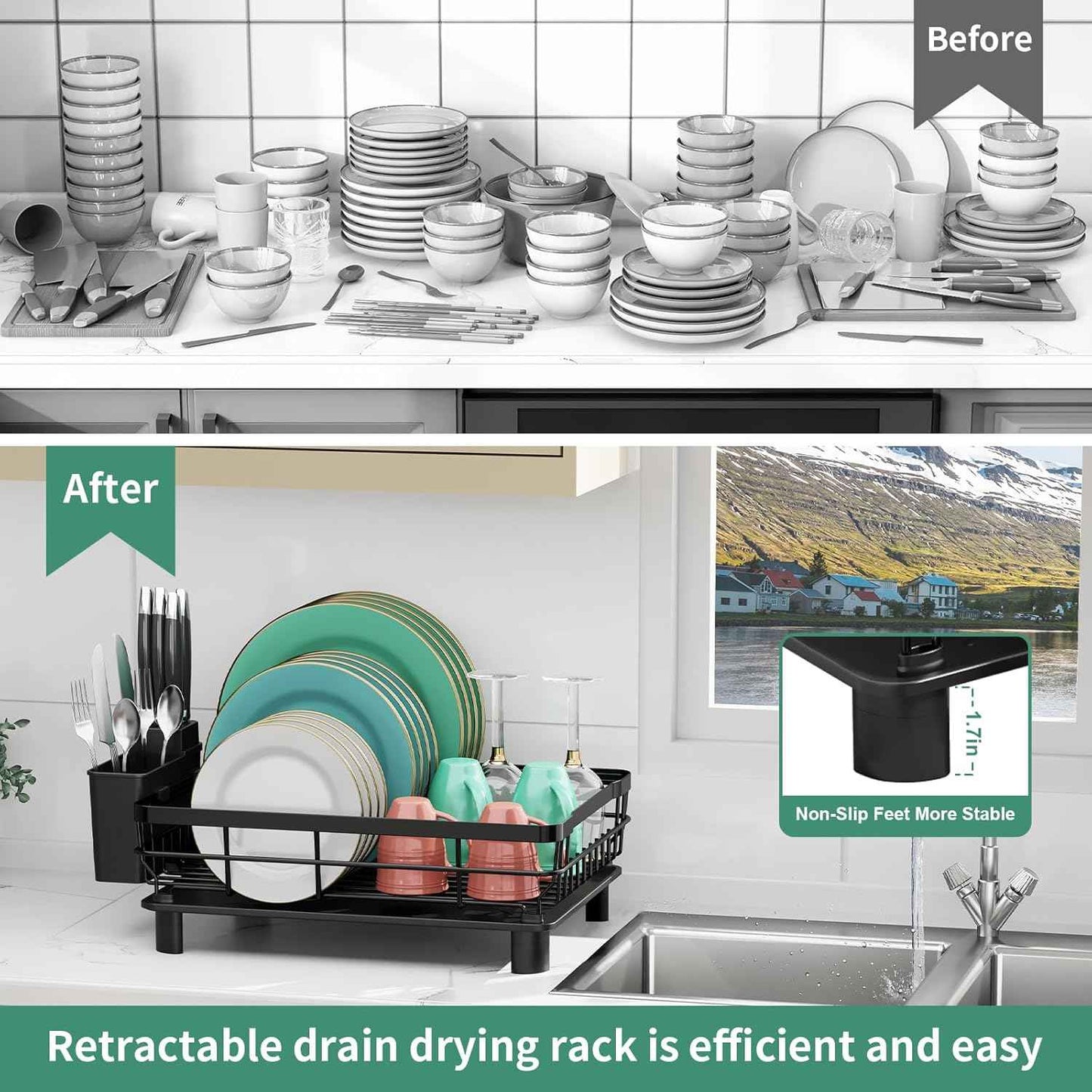 MOUKABAL Dish Drying Rack, Dish Rack, Stainless Steel Dish Racks for Kitchen Counter, Dish Drainer with Removable Utensil Holder, Drainboard (Black,13''W x 17''L)