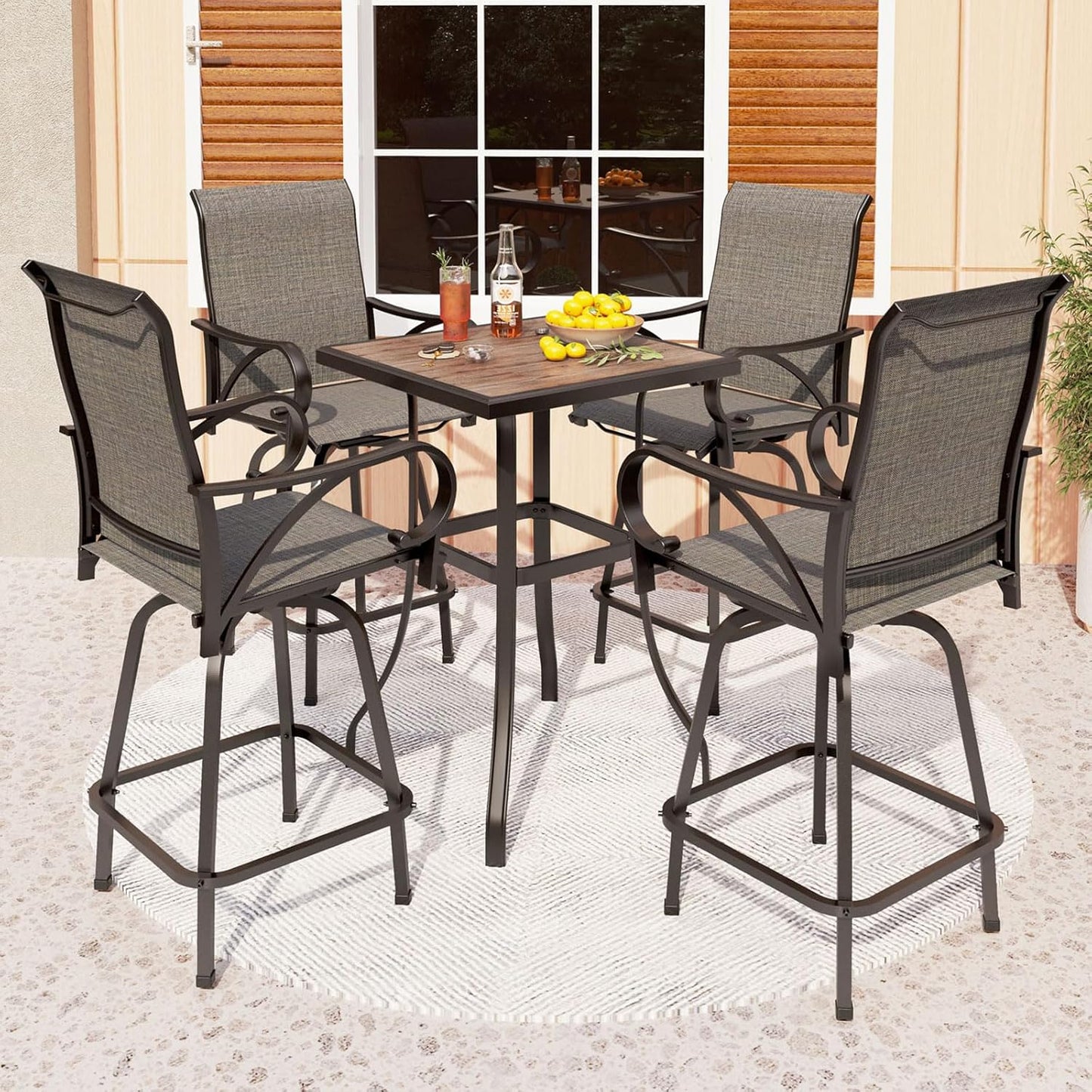 PHI VILLA 5 Piece Outdoor Bar Set, High Top Patio Table and Chairs with 4 Swivel Bar Stools (Grey) & Square Bar Bistro Table for Garden, Yard