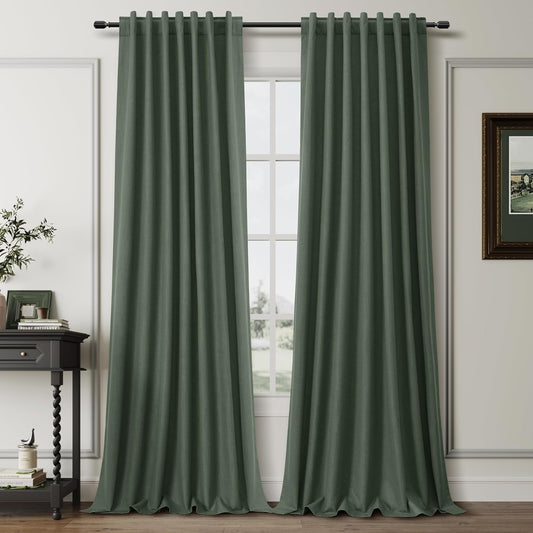 BOODII Christmas Curtains Olive Green Black Out Linen Curtains 84 Inch Length 2 Panels Set Back Tab Rod Pocket Curtain Thermal Insulated Noise Reduction Drapes for Farmhouse Living Room Loden, 52x84