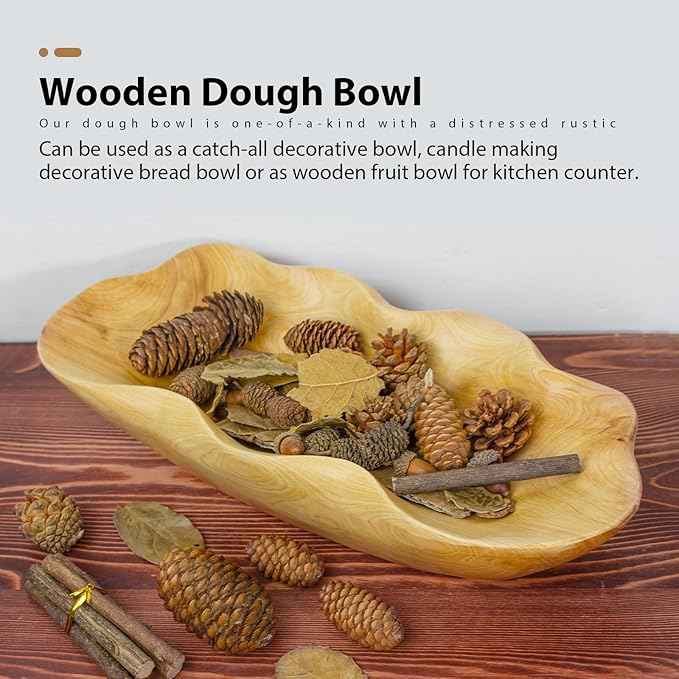 BTEOBFY Wooden Fruit Bowl Handcrafted Wood - Natural Fruit Basket for Kitchen Counter Display, Decorative Bowl for Apples, Oranges, Pineapples (15 Inch)