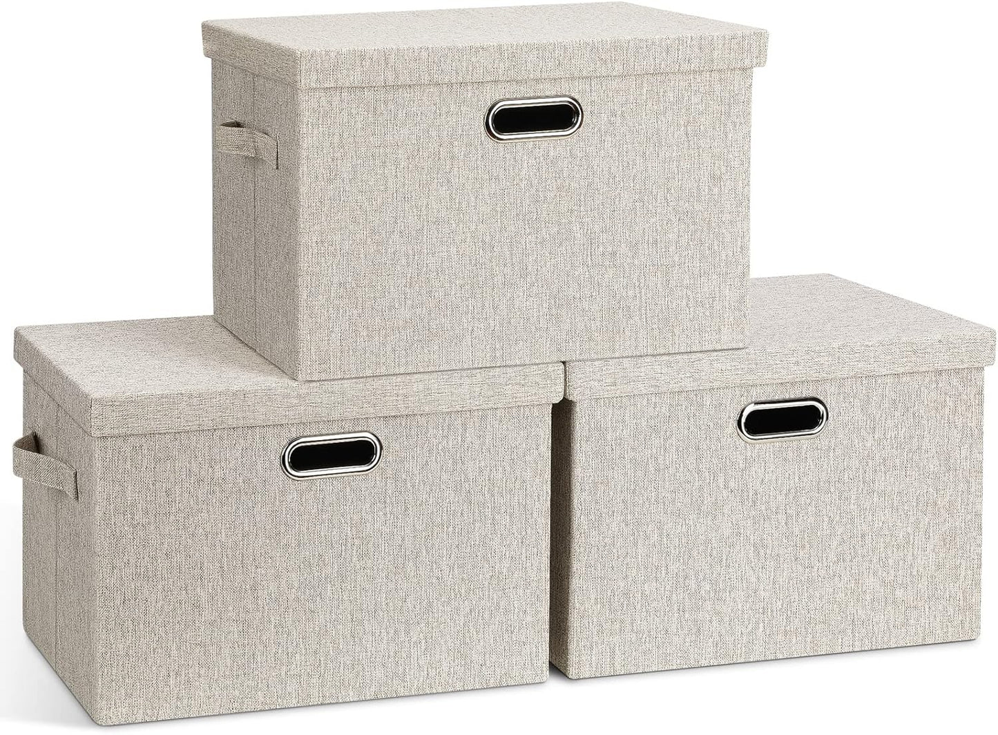 Large 17" 36 Quart Collapsible Stackable Storage Bins with Lids, 3 Packs Beige Linen Fabric Closet Boxes with Lids, Storage Cube Baskets Container Organizers for Bedroom Office(17 x12 x11)