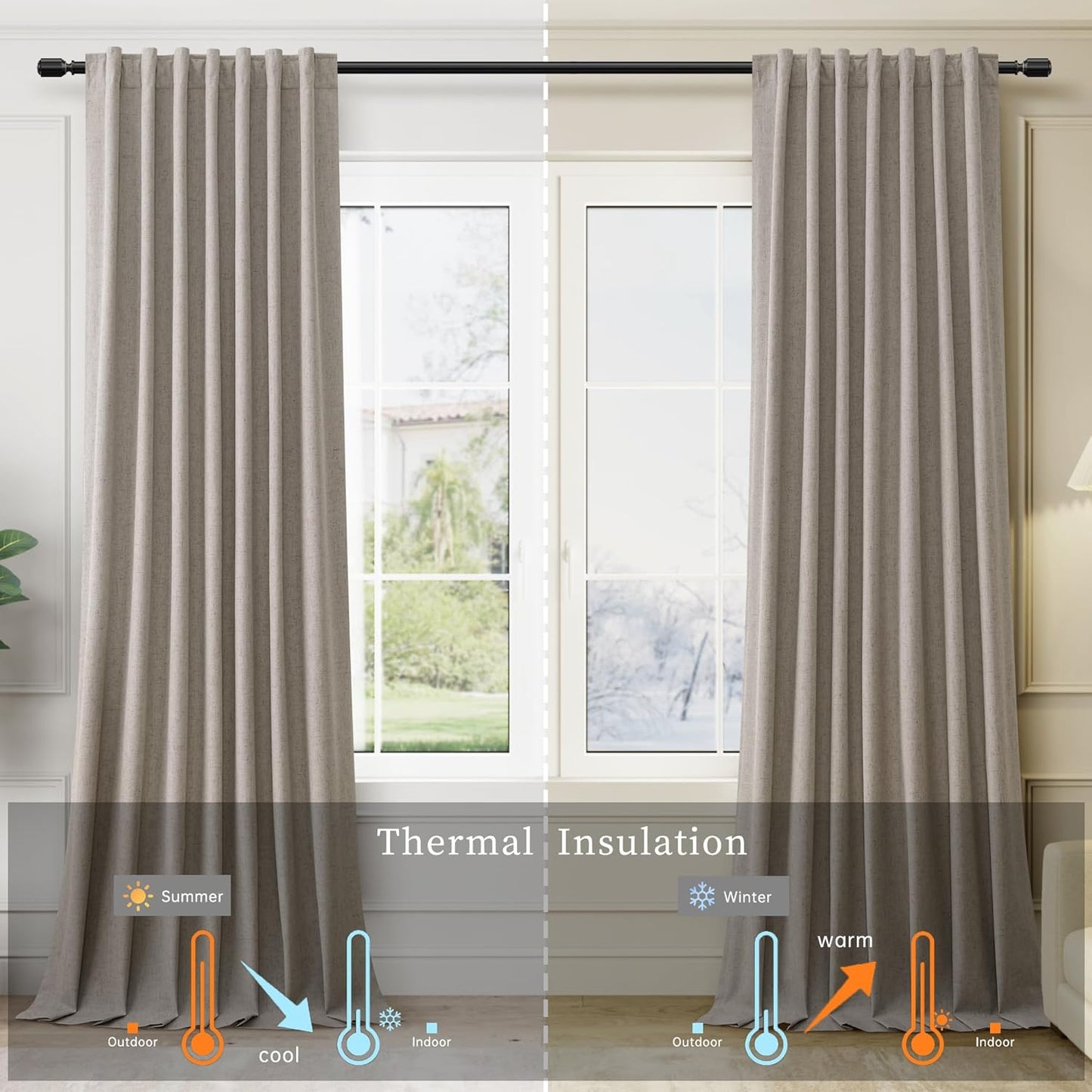 BOODII Room Darkening Curtains 120 Inch Back Tab Thermal Insulated Black Out Linen Drapes Extra Long Blackout Curtains for Patio Door Large Window Ceiling to Floor Light Blocking Dark Taupe 52x120