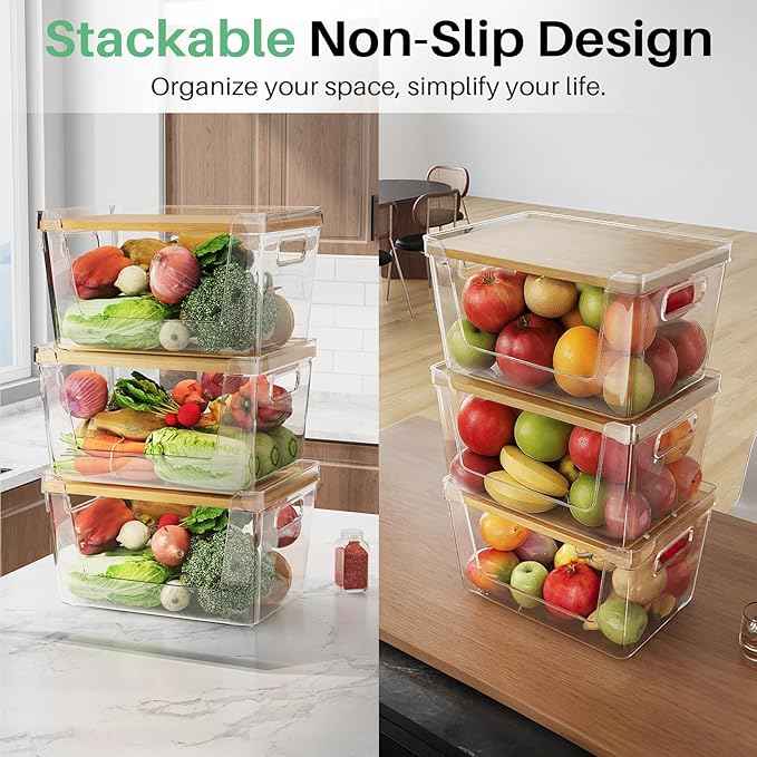 3 Set Pantry Organizer and Stackable Storage Kitchen,Sturdy and Durable Storage Basket for Potato, Onion, Garlic, Fruit, Vegetable, Produce, Clear Plastic Storage with Lid&Handle
