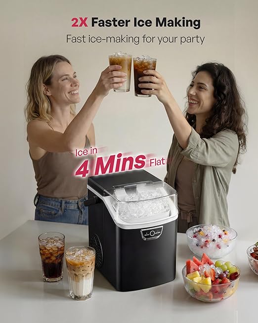 ICYGLEE Nugget Ice Maker Countertop with Handle, Ready in 4 Mins, Max 40lbs/24H, Chewable Ice, Self-Cleaning, Portable Sonic Ice Maker with Basket and Scoop, for Home/Party/RV/Camping (Black)