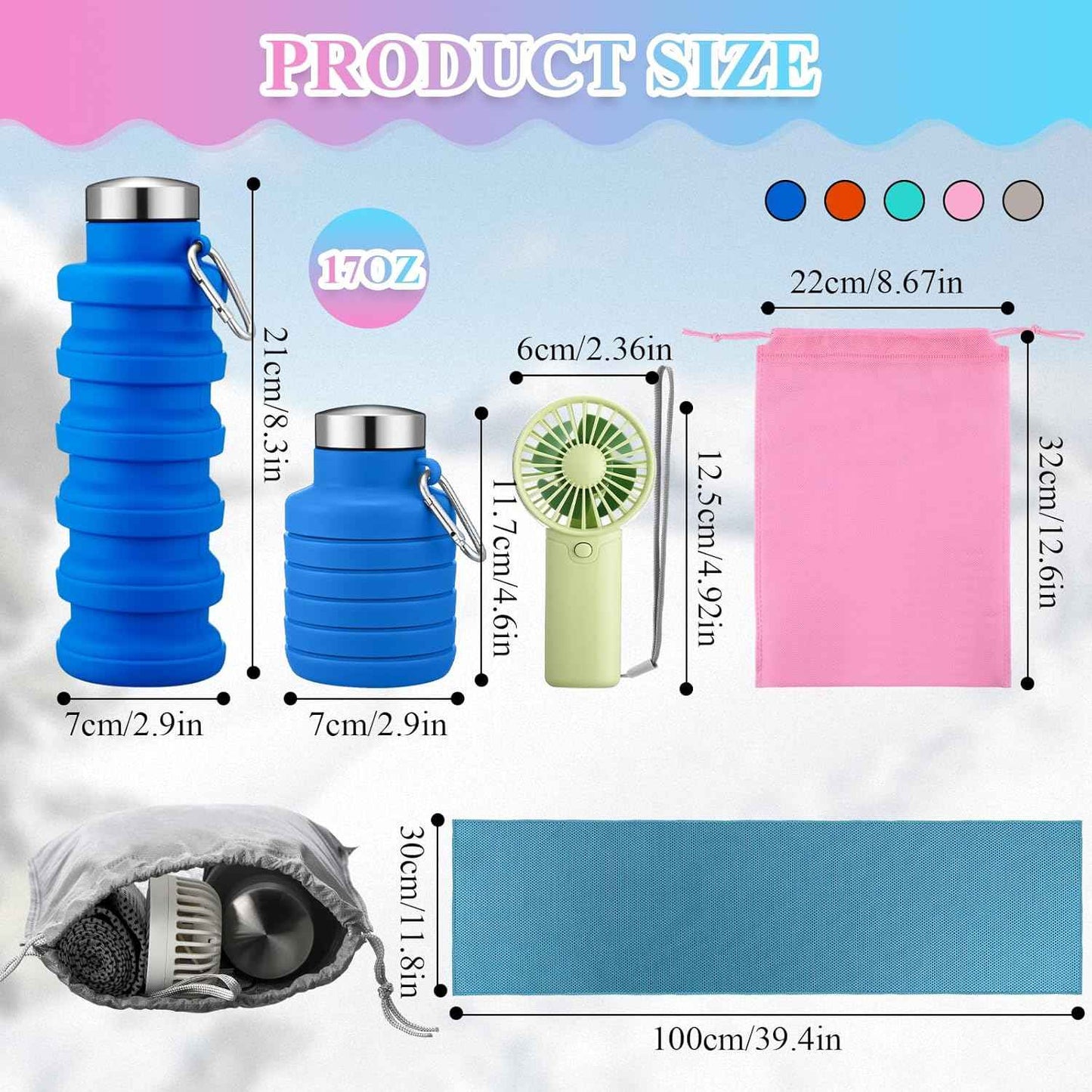 10 Set Theme Park Necessities Cruise Ship Accessory Kit Collapsible Water Bottle Cooling Towel Fan Drawstring Bag for Summer Amusement Park Outdoor Team Travel Cruise Gifts Fitness Sport Favor