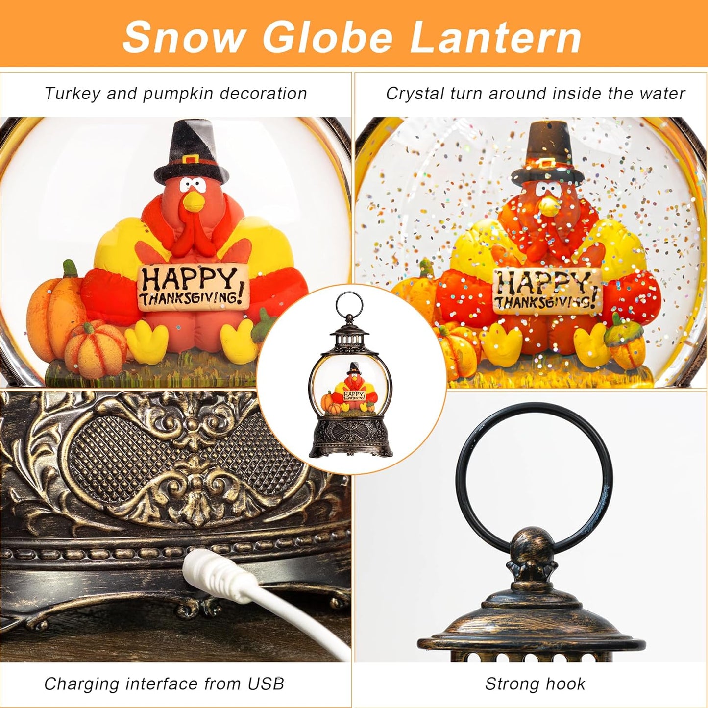 Christmas Fall Snow Globes Thanksgiving Water Lantern Swirling Glitter Snow Globe for Autumn Harvest Day Decorations Home Fall Decor Gifts (Turkey & Pumpkins)