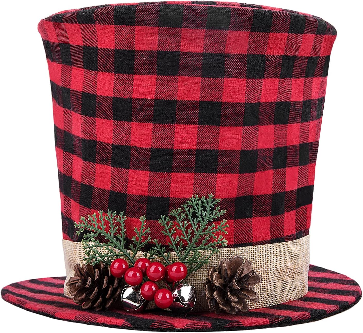 codree Christmas Tree Topper Top Hat - Red and Black Buffalo Plaid Top Hat with Pinecone Berry Bell-Christmas Tree Topper Fabric Top Hat for Winter Holiday Xmas Tree Decor