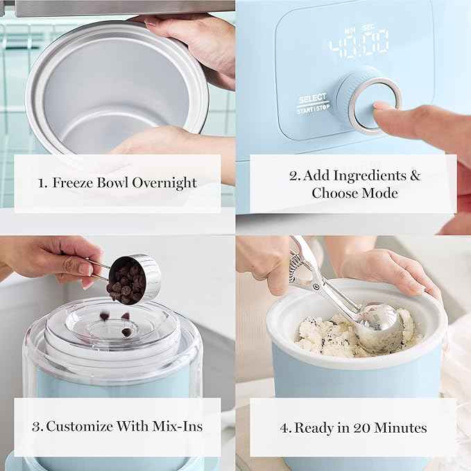 Martha Stewart Ice Cream Maker, 2 Quart Double-Insulated Freezer Bowl, Sorbet & Frozen Yogurt, Ready in 20 Minutes, Mix-Ins Chute, Easy to Clean, Sky Blue