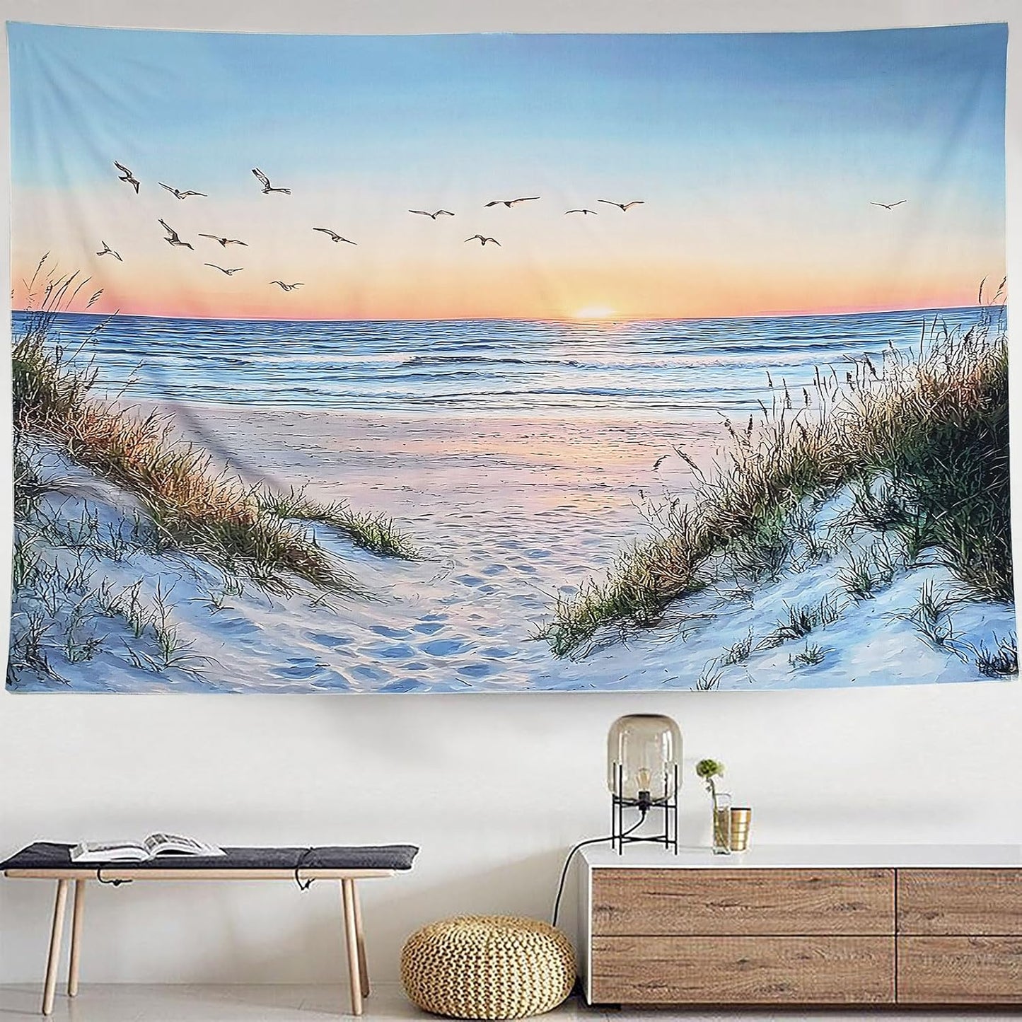 Algasan Ocean Beach Tapestry, Sea Sunset Seabird and Beach with Grass Tapestries Natural Landscape Tapestry Aesthetic for Bedroom Living Room Office Decor 60x40 Inches