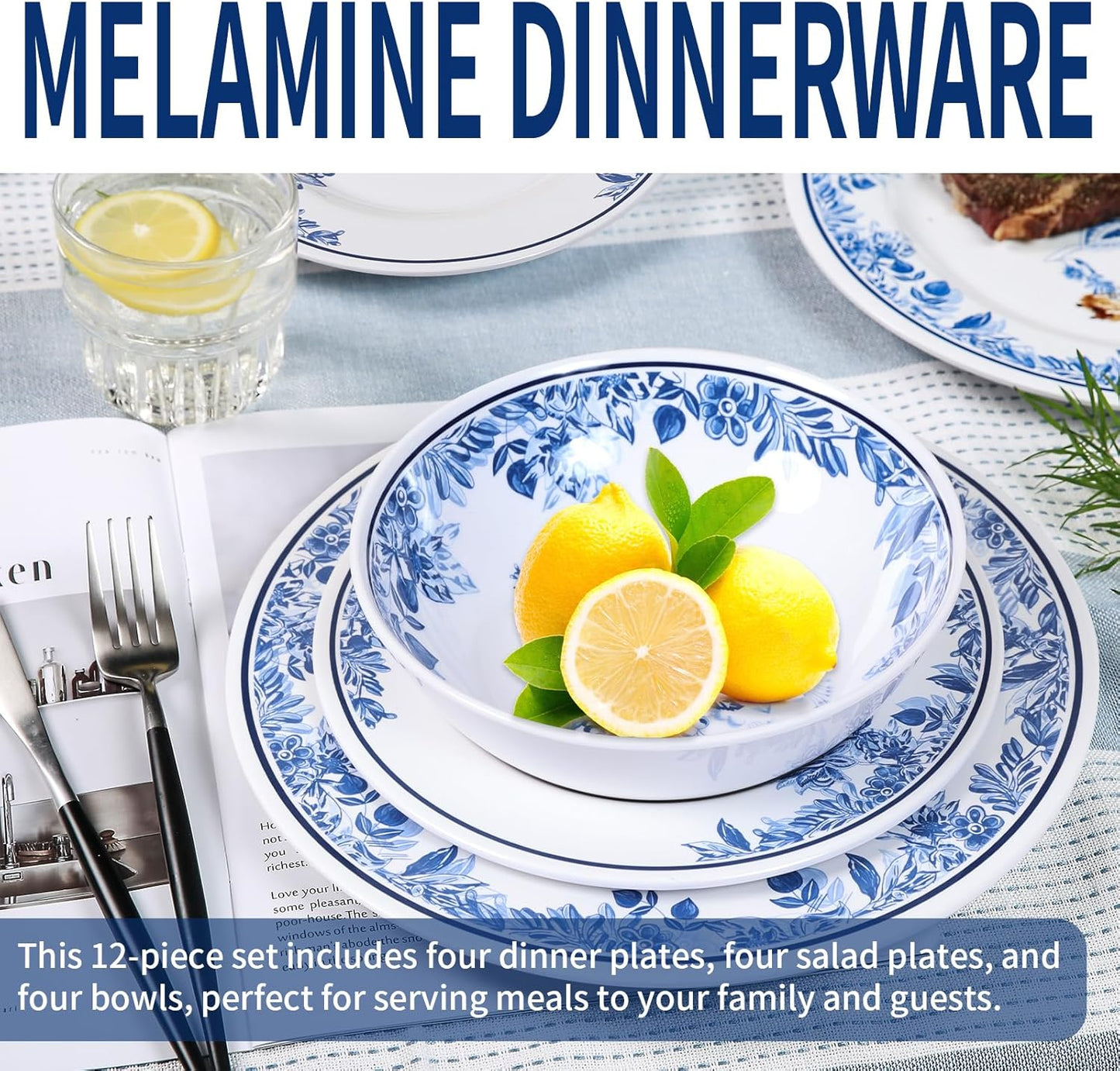Melamine Dinnerware Sets-12pcs Floral Dinnerware Set Service for 4, Blue White Plates and Bowls Sets, Dishwasher Safe, Break-resistant, Outdoor Camping Picnics Use, Reusable, Traditional Flower