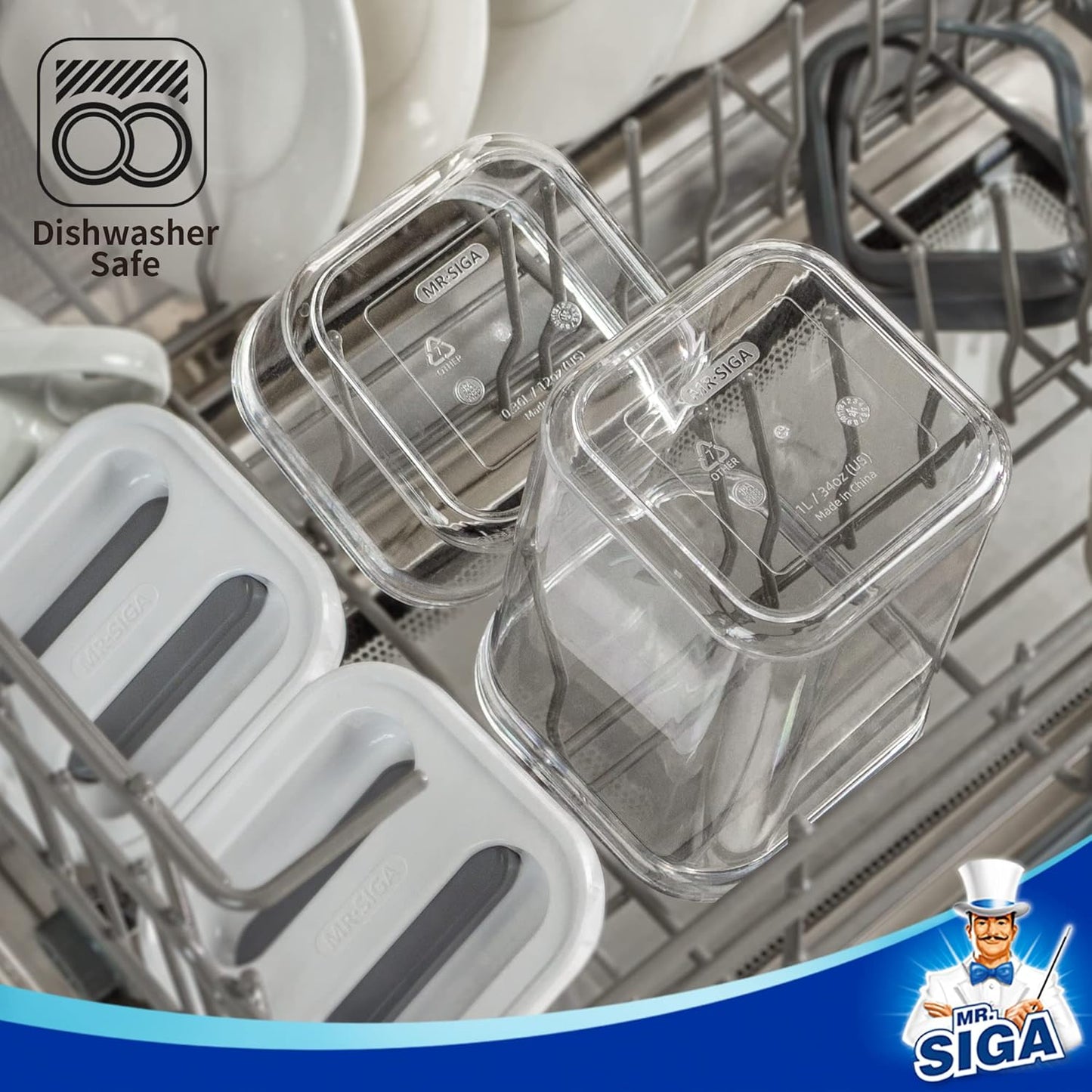 MR.SIGA 8 Piece Airtight Food Storage Container Set, BPA Free Kitchen Pantry Organization Canisters, One-handed Airtight Plastic Containers with Lids for Cereal, Spaghettie, Pasta,White